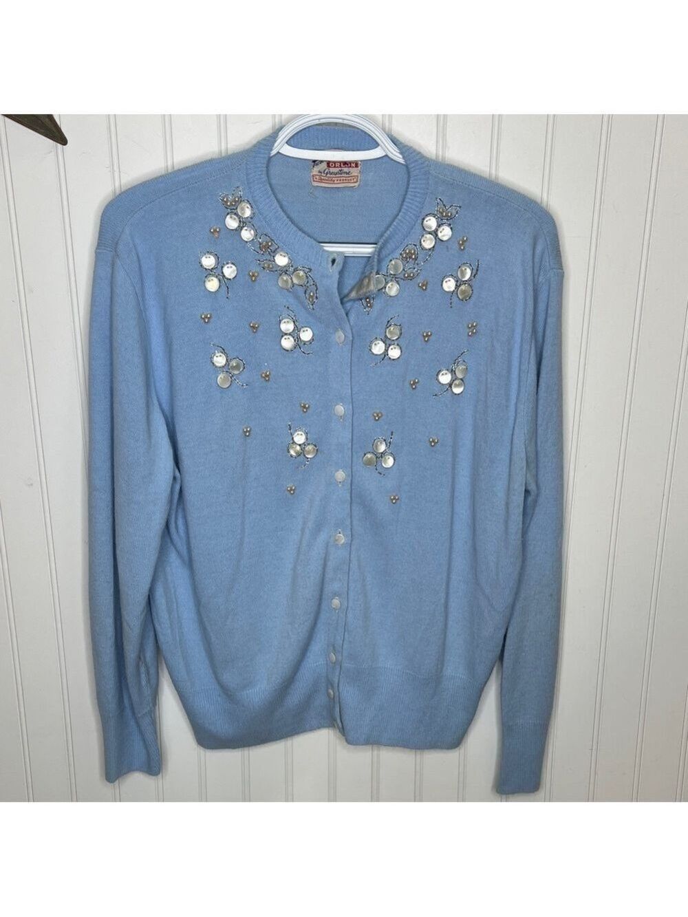 Vintage Dainty Blue Cardigan with Floral Embellishments Size Medium
